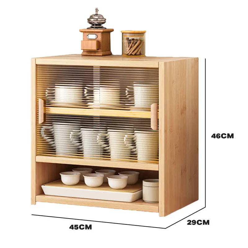 Bamboo Dustproof Cup Storage Cabinet with Sliding Acrylic Door - Furniture > Dining
