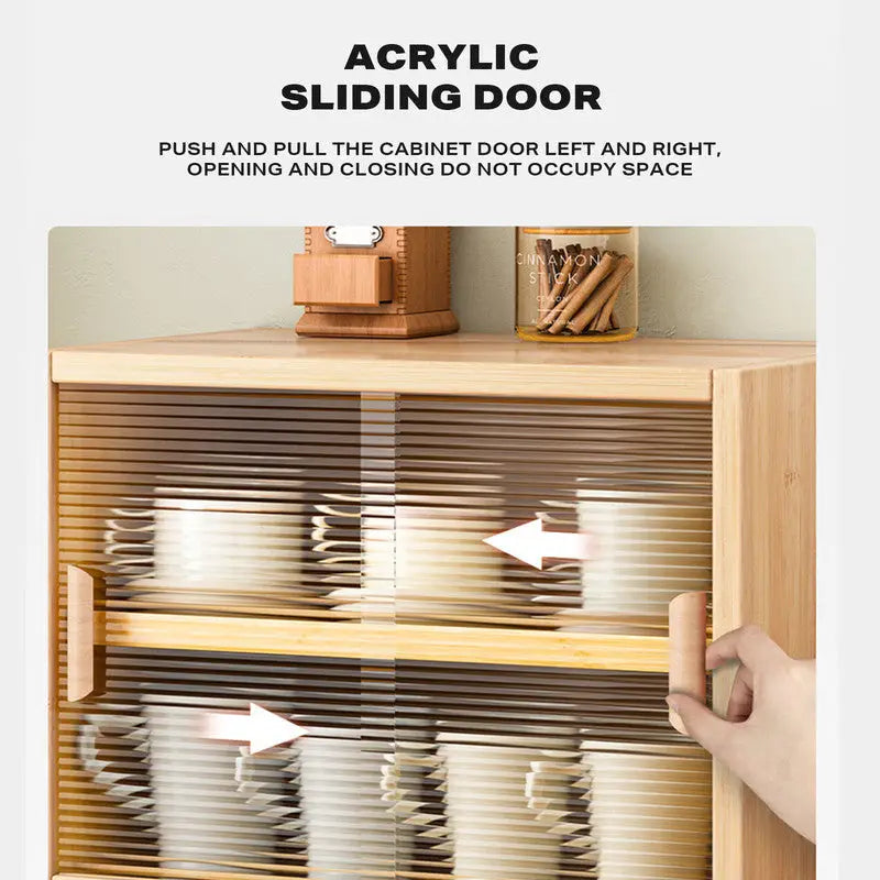 Bamboo Dustproof Cup Storage Cabinet with Sliding Acrylic Door - Furniture > Dining