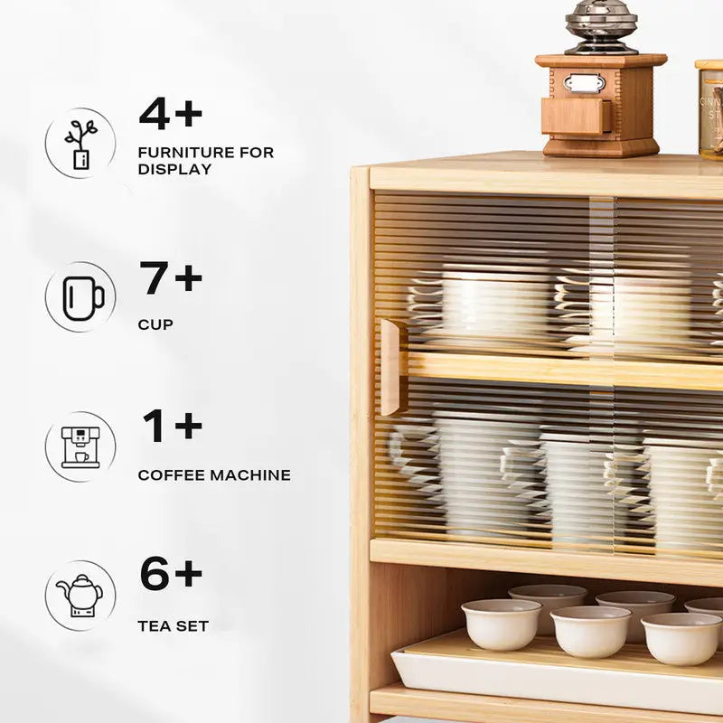 Bamboo Dustproof Cup Storage Cabinet with Sliding Acrylic Door - Furniture > Dining