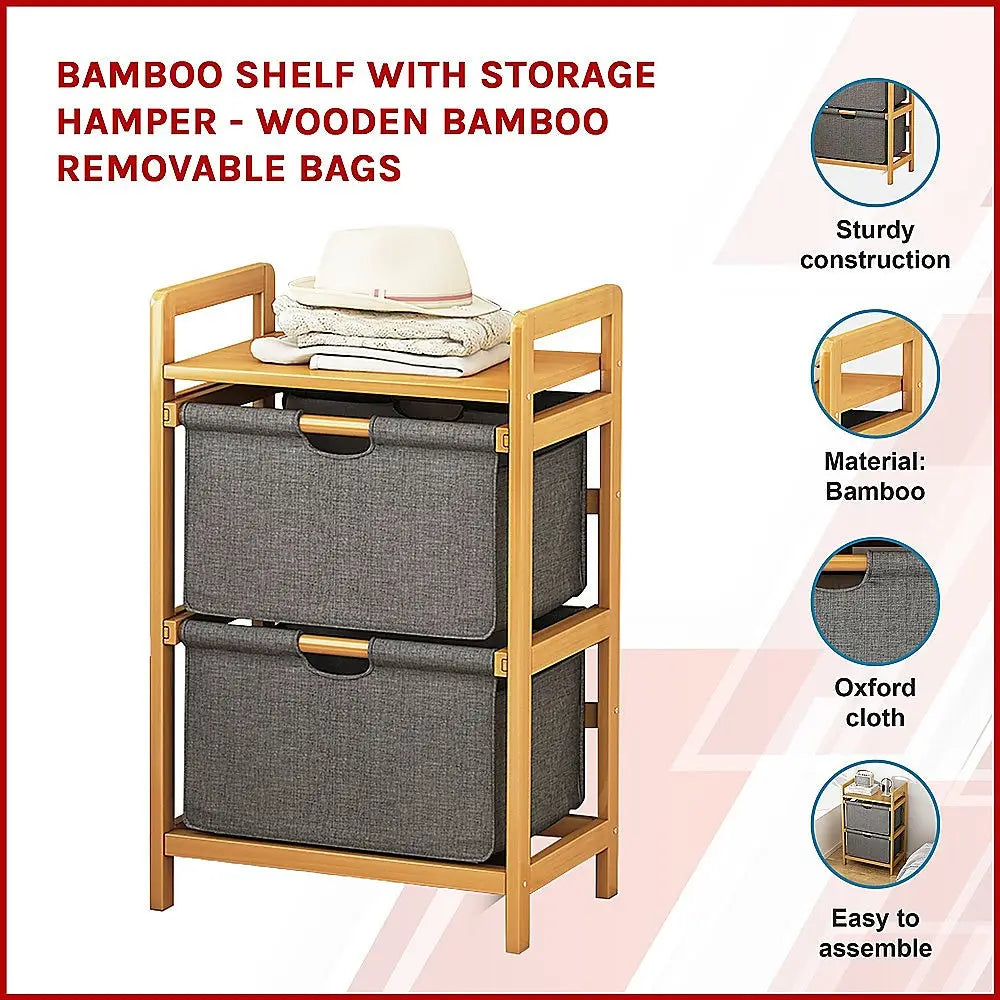 Bamboo Shelf with Storage Hamper - Wooden Bamboo Removable Bags - Furniture > Office