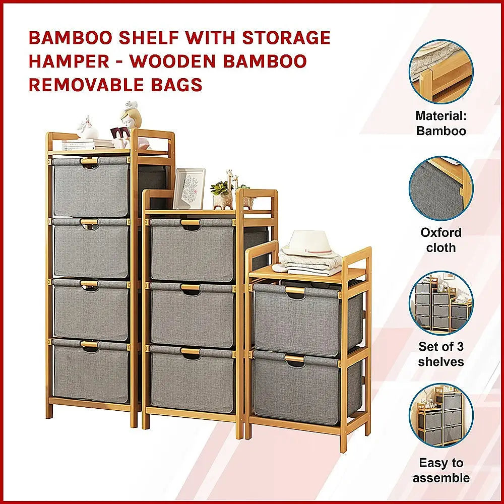 Bamboo Shelf with Storage Hamper - Wooden Bamboo Removable Bags - Furniture > Office