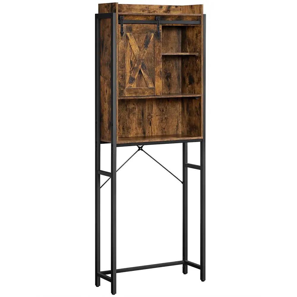Bathroom Organiser Rack with Small Cabinet Steel Frame 64 x 24 x 171 cm Rustic Brown and Black - Furniture > Dining >