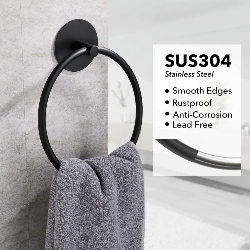 Bathroom Towel Ring Bathroom Towel Rack Adhesive Hand Towels Holder Towel Hanger Round Black - Home & Garden > Bathroom