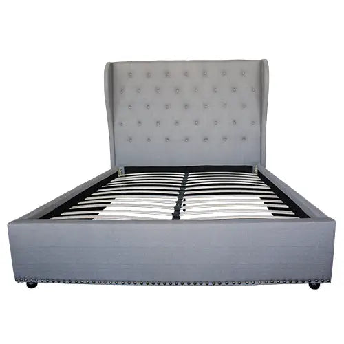 Bed Frame Queen Size in Grey Fabric Upholstered French Provincial High Bedhead - Furniture > Bedroom > Beds & Bed Frames