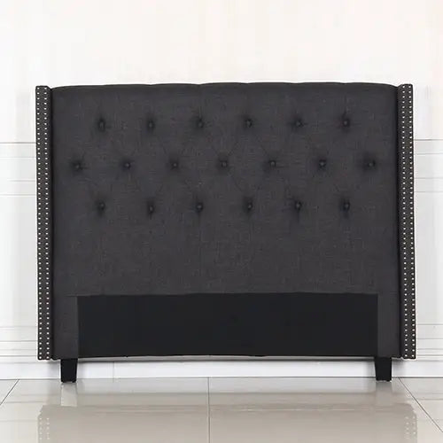 Bed Head Queen Charcoal Headboard Upholstery Fabric Studded Buttons - Furniture > Bedroom > Headboards