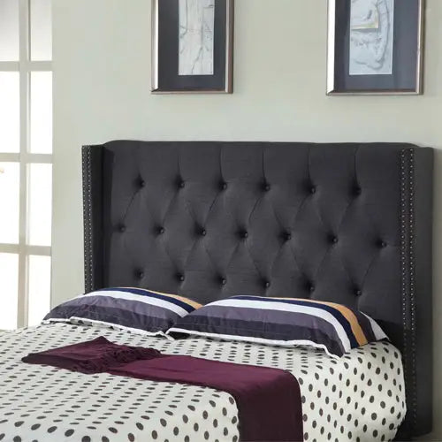 Bed Head Queen Charcoal Headboard Upholstery Fabric Studded Buttons - Furniture > Bedroom > Headboards