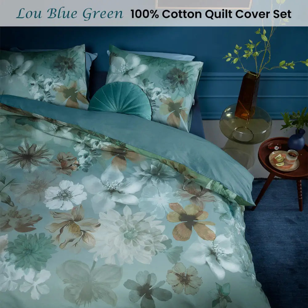 Bedding House Lou Blue Green Cotton Floral Quilt Cover Set King - Home & Garden > Bedding > Duvet Covers