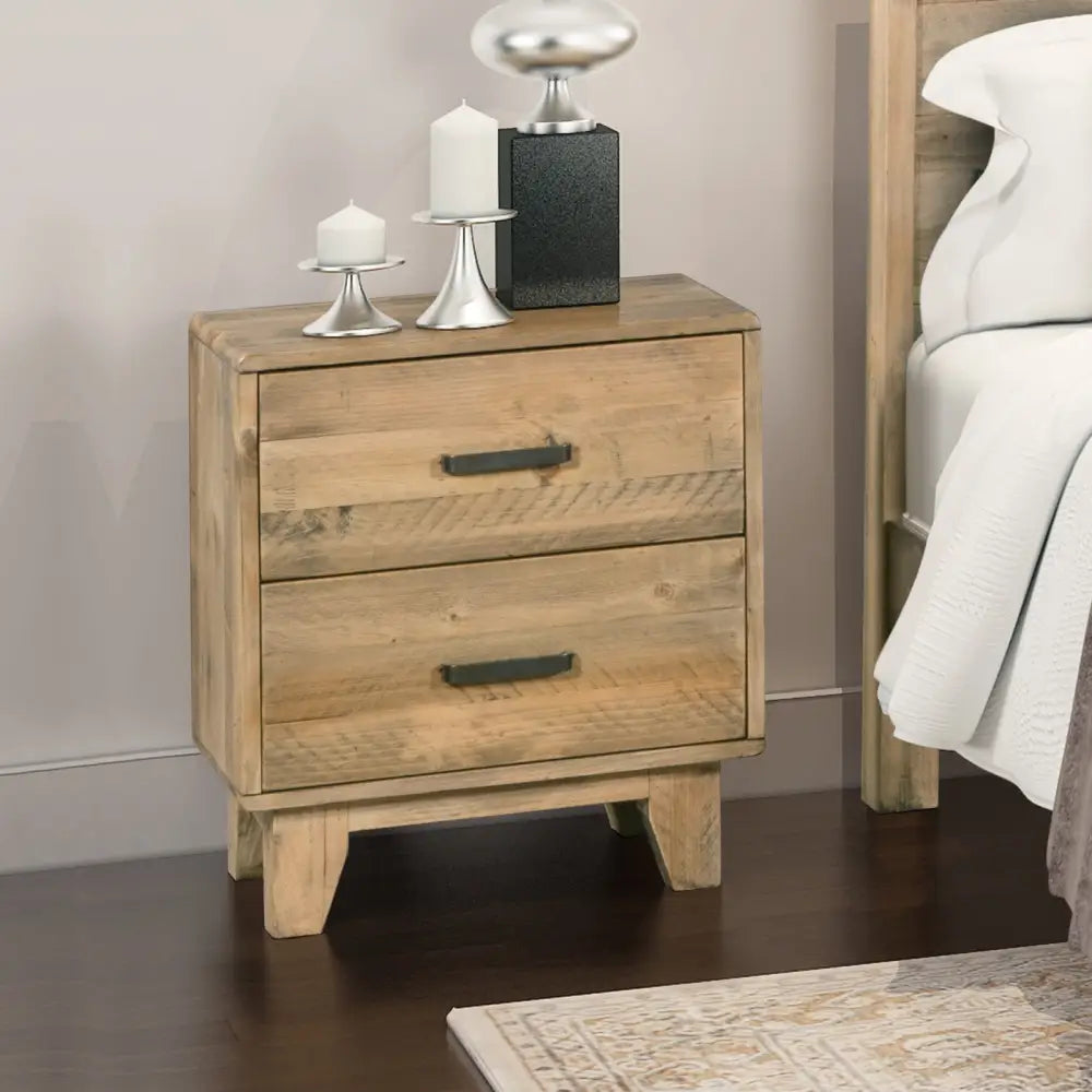 Bedside Table 2 drawers Night Stand Solid Wood Storage Light Brown Colour - Furniture > Bedroom