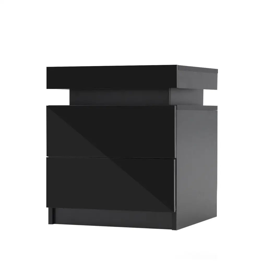 Bedside Table 2 Drawers RGB LED Bedroom Cabinet Nightstand Gloss AURORA BLACK - Furniture > Bedroom