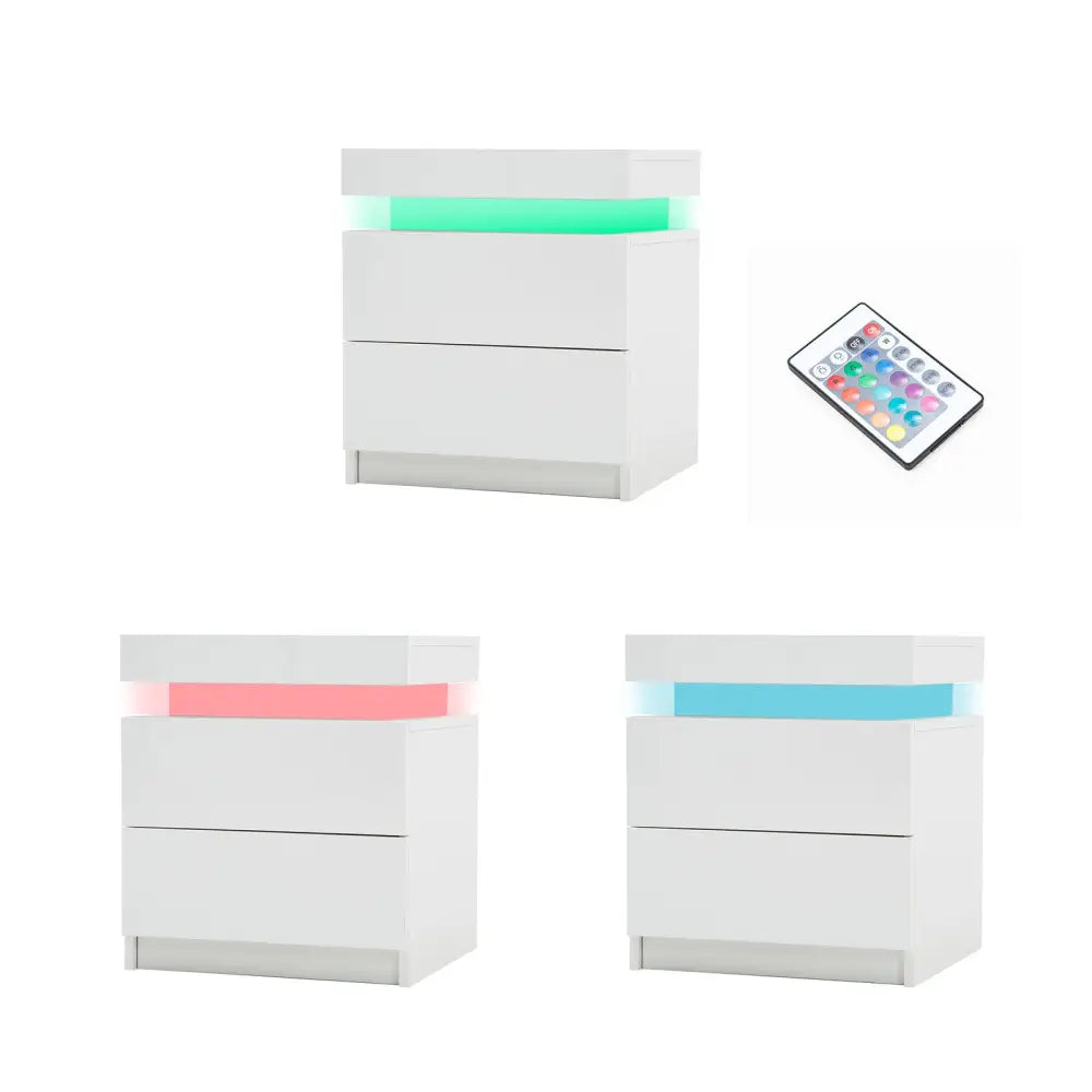 Bedside Table 2 Drawers RGB LED Bedroom Cabinet Nightstand Gloss AURORA WHITE - Furniture > Bedroom