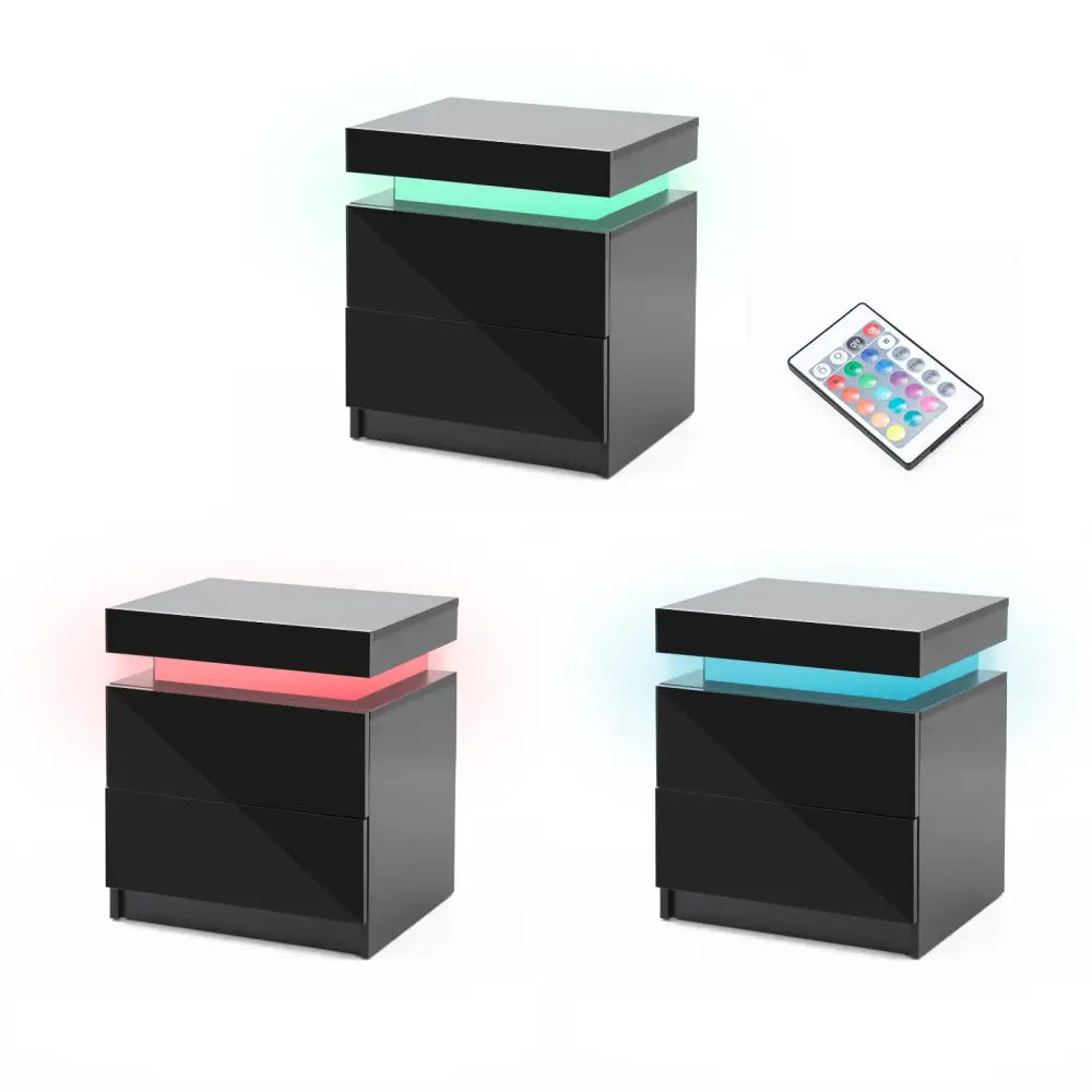 Bedside Table 2 Drawers RGB LED Bedroom Cabinet Nightstand Gloss AURORA BLACK - Furniture > Bedroom