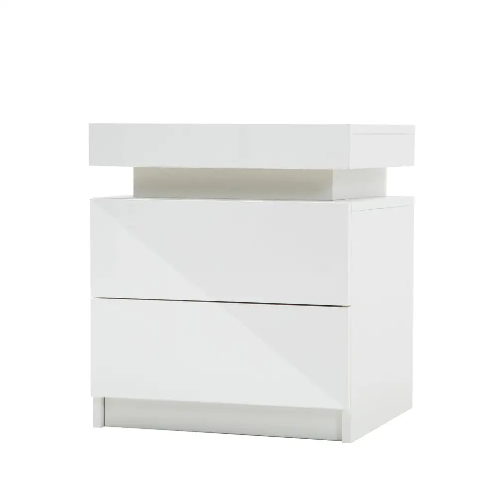 Bedside Table 2 Drawers RGB LED Bedroom Cabinet Nightstand Gloss AURORA WHITE - Furniture > Bedroom