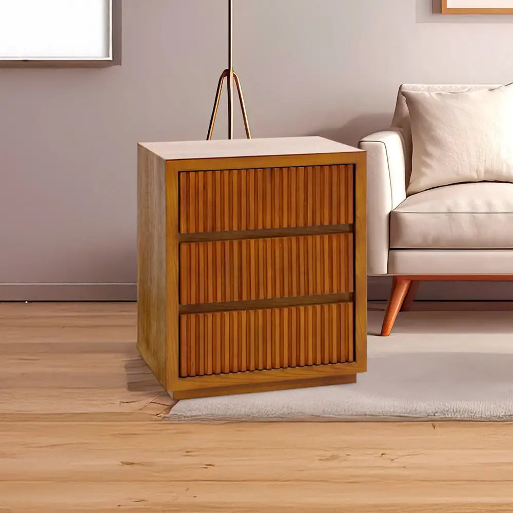 Bedside Table MDF Brown Colour Waveform Design Three Drawers - Furniture > Bedroom > Bedside Tables