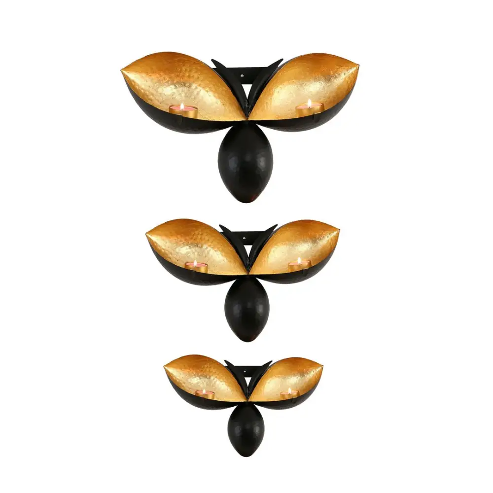 Bee Shape Wall Mounted Black Gold Candle Holders - Set of 3 - Home & Garden > Decor