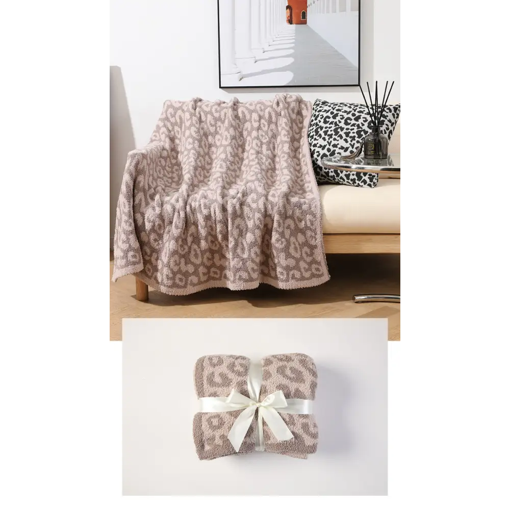 Beige and Khaki Luxurious Leopard Print Knit Throw Blanket - Ultra-Soft Jacquard Plush for Sofa Bed & Cozy Comfort