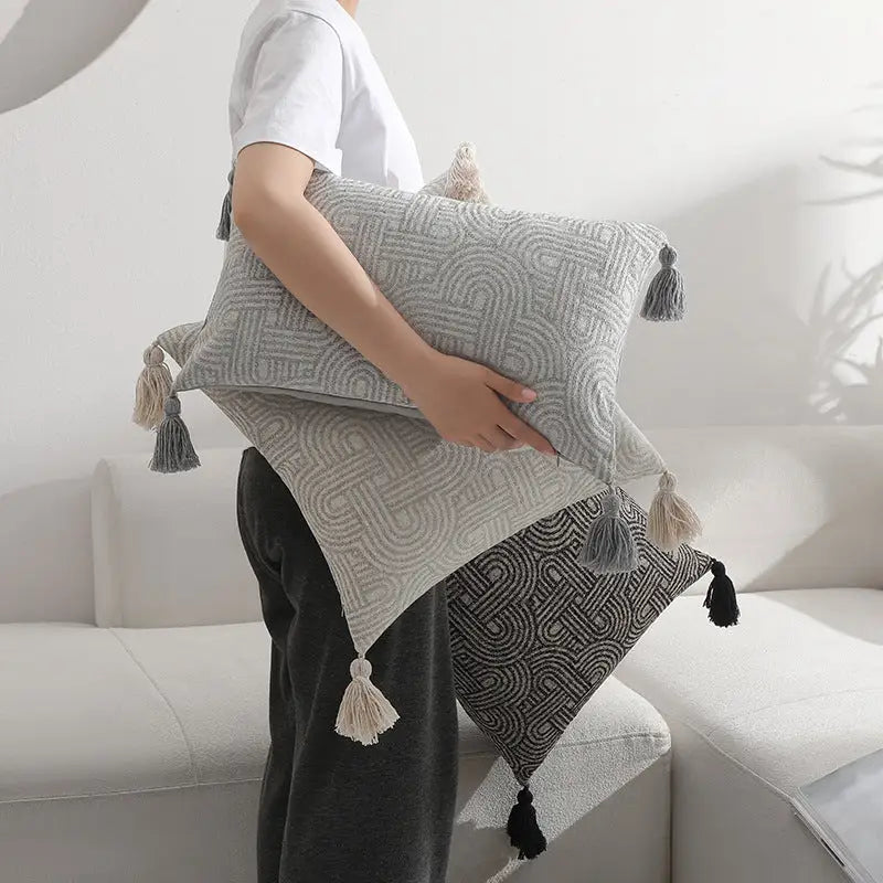 Beige Chic Geometric Jacquard Cushion Covers with Tassels - Set of 2 Plush Blend for Sofa & Bed Decor (45x45cm Insert