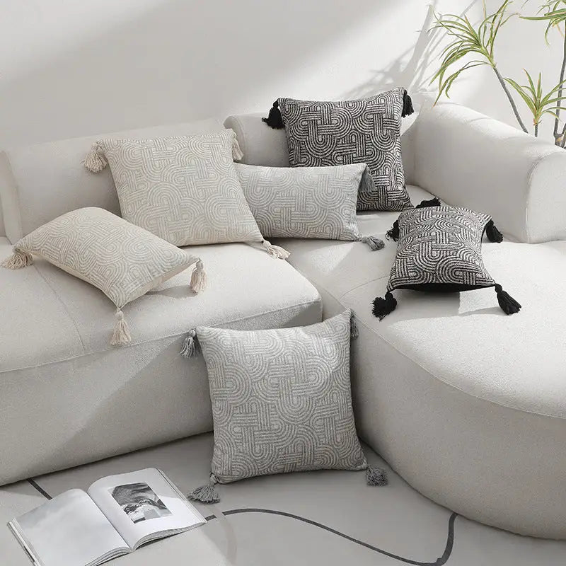 Beige Chic Geometric Jacquard Cushion Covers with Tassels - Set of 2 Plush Blend for Sofa & Bed Decor (45x45cm Insert