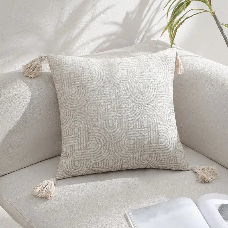 Beige Chic Geometric Jacquard Cushion Covers with Tassels - Set of 2 Plush Blend for Sofa & Bed Decor (45x45cm Insert