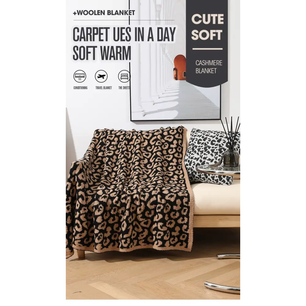 Beige Luxurious Leopard Print Knit Throw Blanket - Ultra-Soft Jacquard Plush for Sofa Bed & Cozy Comfort (130x150cm)