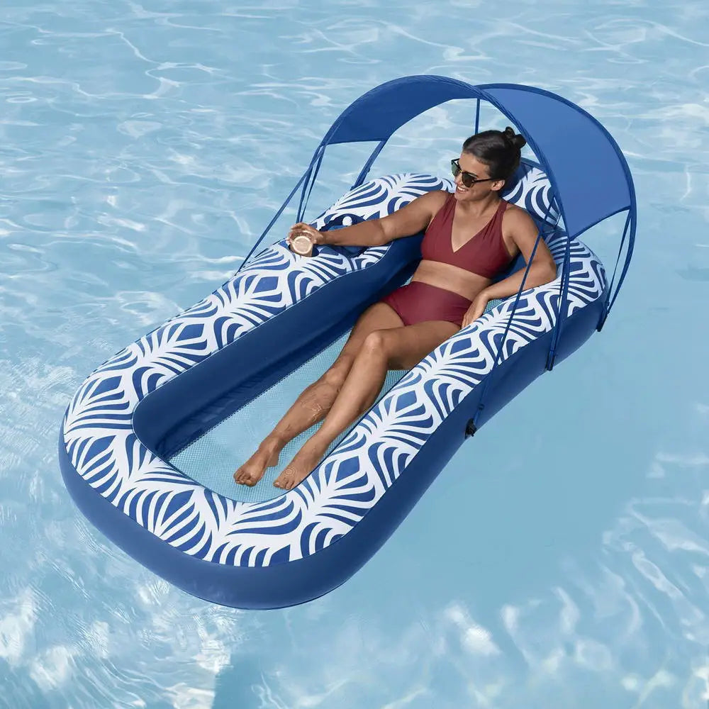 Bestway Inflatable Floating Float Lounger with Sunshade Canopy 1.98Mx1.12M Blue - Home & Garden > Pool & Accessories >