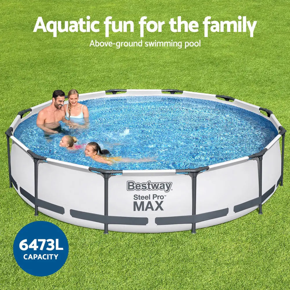 Bestway Swimming Pool 366x76cm Steel Frame Round Above Ground Pools w/ Filter Pump 6473L - Home & Garden > Pool &