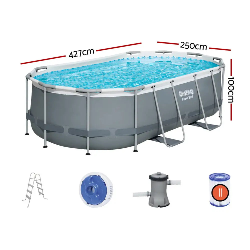 Bestway Swimming Pool 427x250x100cm Steel Frame Above Ground Pools Filter Pump Ladder 7250L - Home & Garden > Pool &