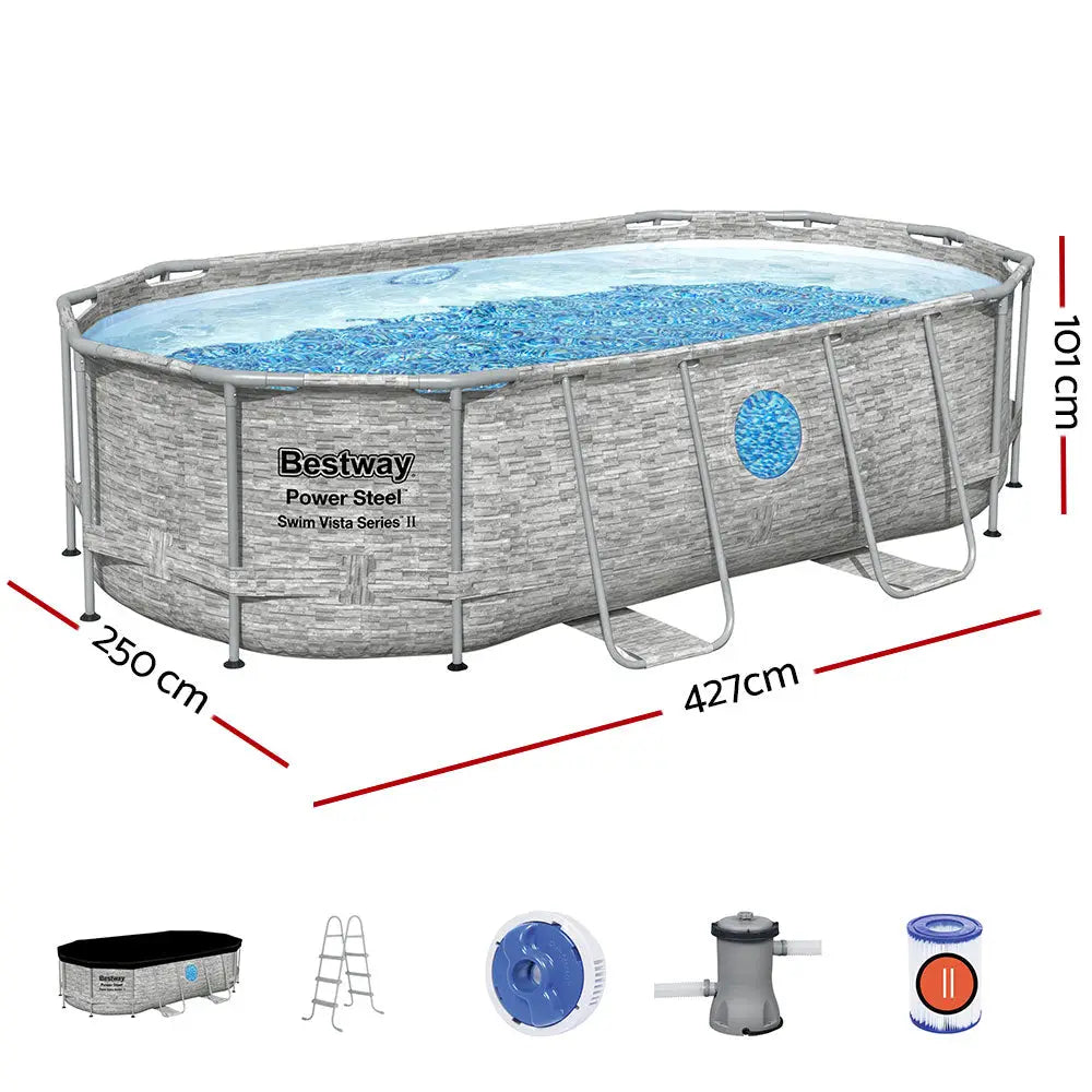 Bestway Swimming Pool 427x250x100cm Steel Frame Above Ground Pools Filter Pump Ladder 7250L - Home & Garden > Pool &
