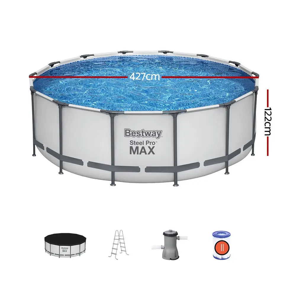 Bestway Swimming Pool 427x427x122cm Steel Frame Above Ground Pools Round Filter Pump Ladder - Home & Garden > Pool &