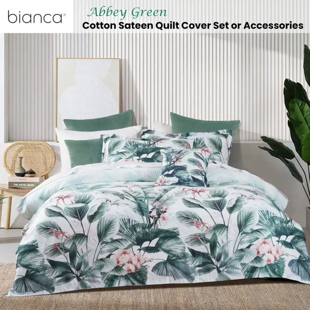 Bianca Abbey Green Cotton Sateen Tropical Floral Quilt Cover Set Double - Home & Garden > Bedding > Duvet Covers