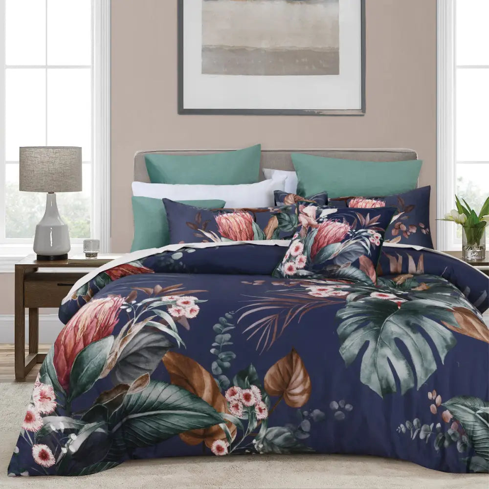 Bianca Balwyn Navy Cotton Sateen Botanical Quilt Cover Set King - Home & Garden > Bedding > Duvet Covers