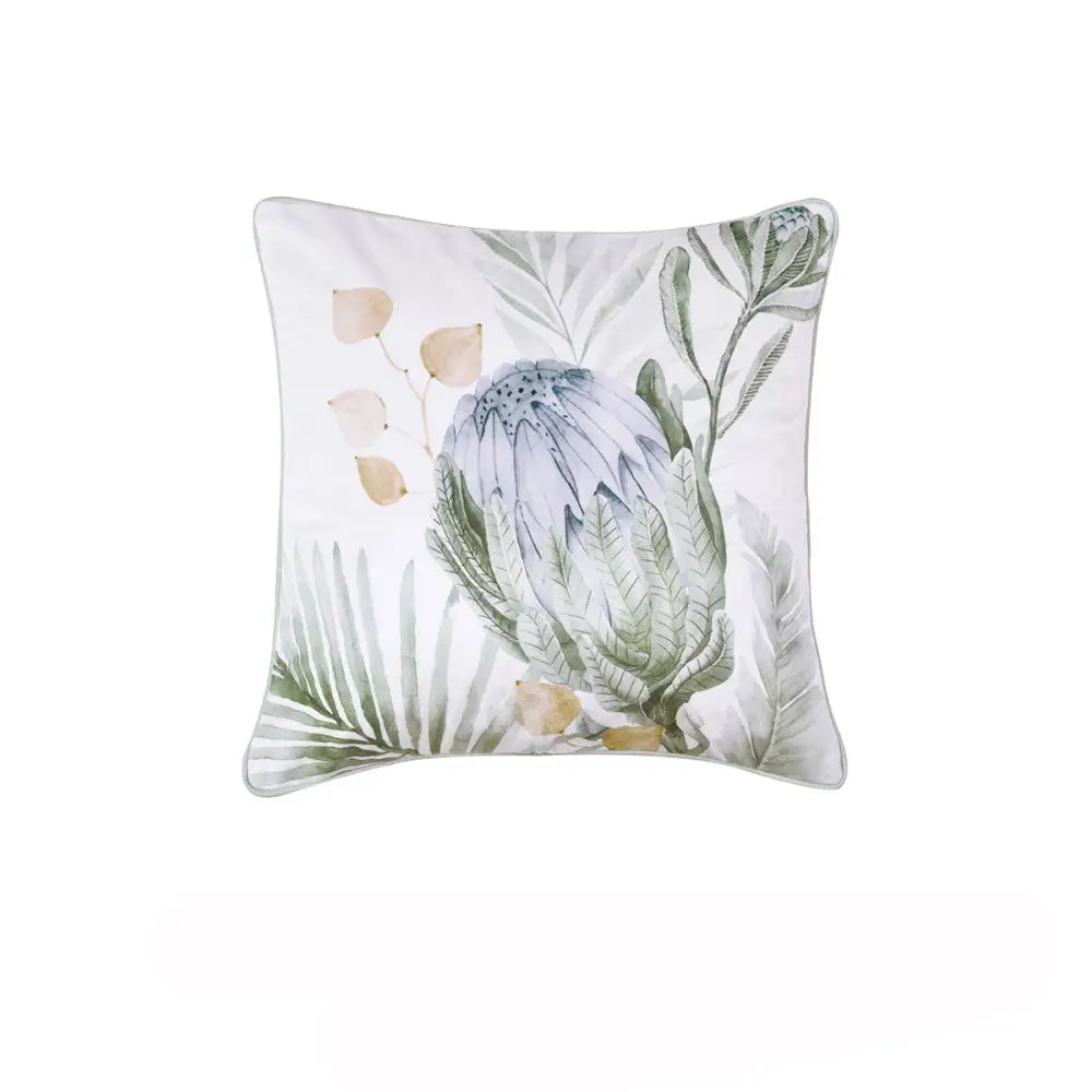 Bianca Evergreen Coordinate Velvet Square Filled Cushion with botanical protea and palm design
