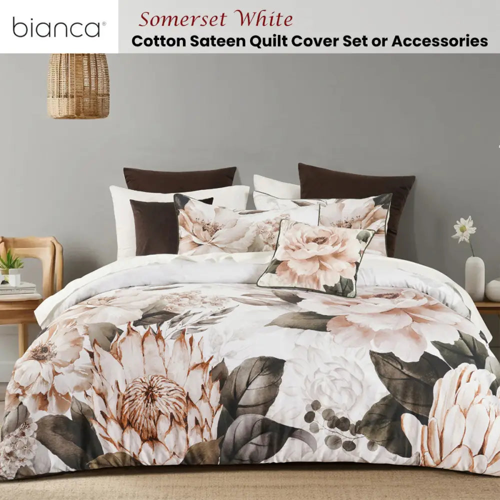 Bianca Somerset White Cotton Sateen Floral Quilt Cover Set Super King - Home & Garden > Bedding > Duvet Covers