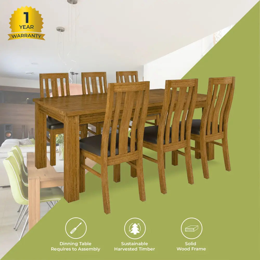 Birdsville 7pc Dining Set 190cm Table 6 PU Seat Chair Solid Mt Ash Wood - Brown - Furniture > Dining