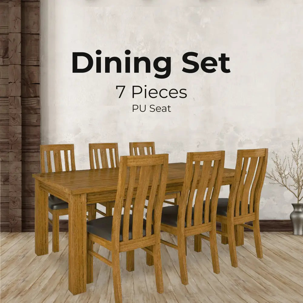 Birdsville 7pc Dining Set 190cm Table 6 PU Seat Chair Solid Mt Ash Wood - Brown - Furniture > Dining