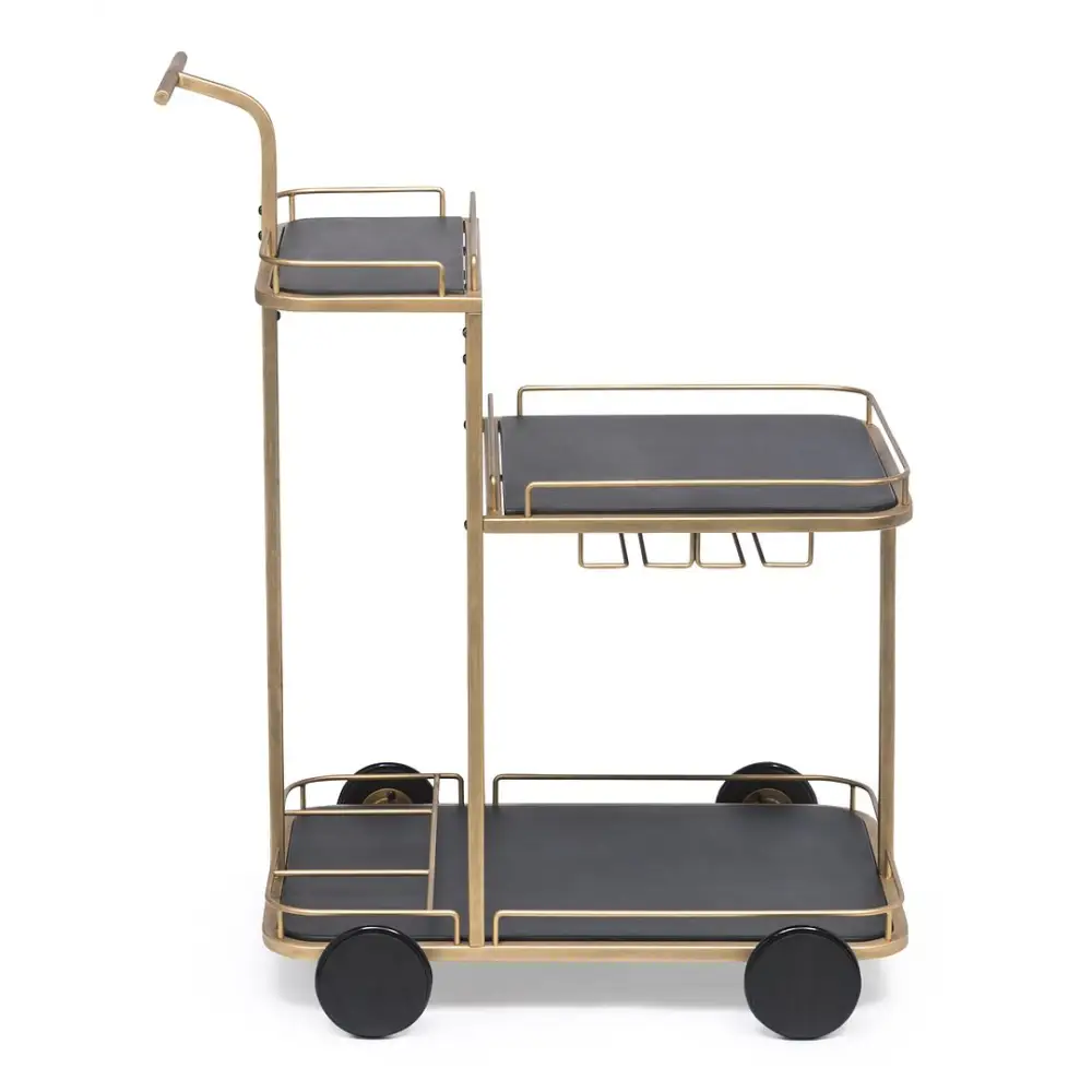 Black and French Brass Wooden 3-Tier Bar Cart Drinks Trolley - Furniture > Living Room