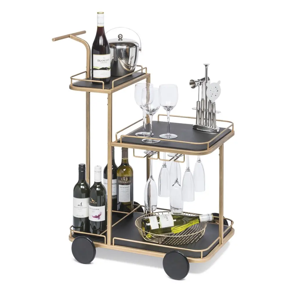 Black and French Brass Wooden 3-Tier Bar Cart Drinks Trolley - Furniture > Living Room