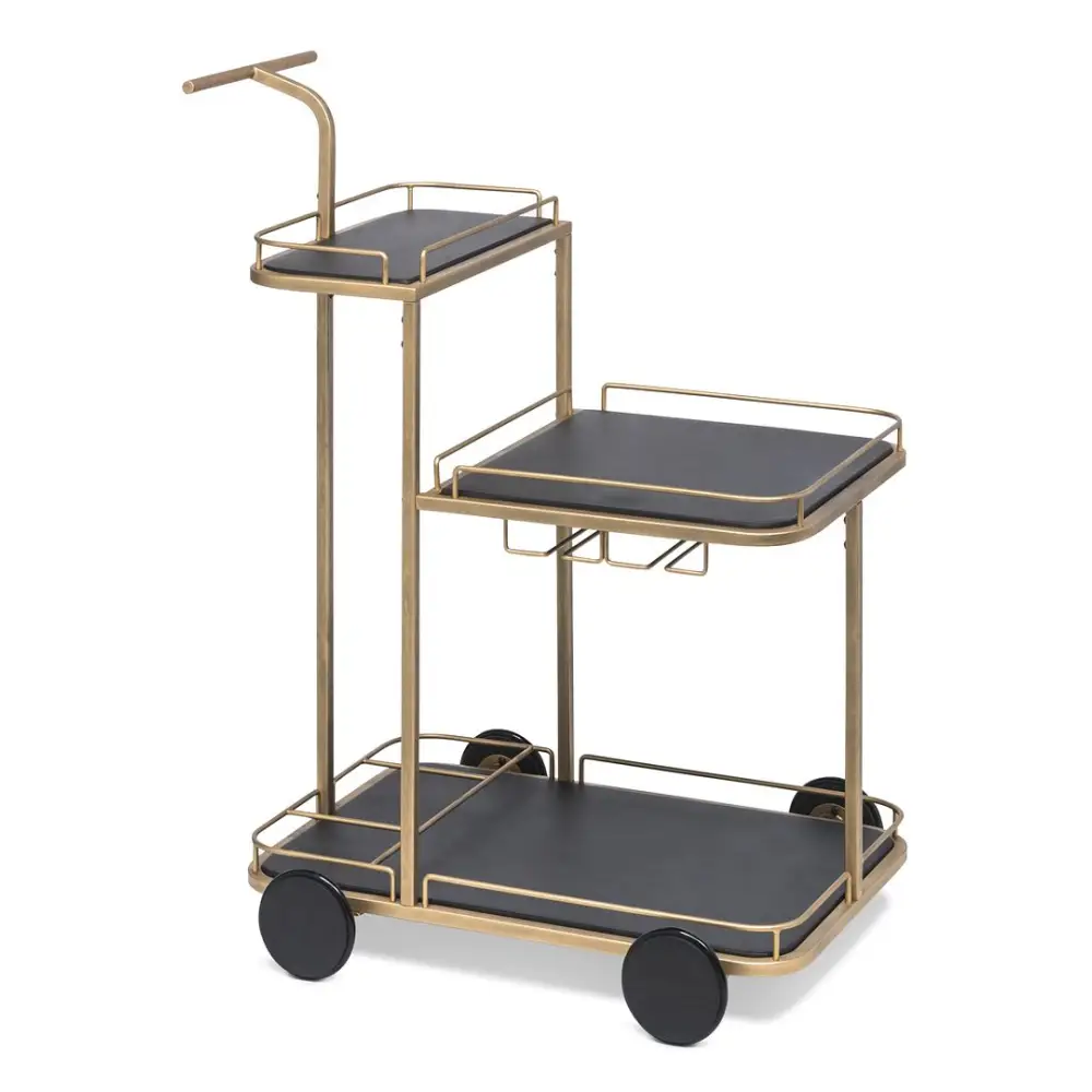 Black and French Brass Wooden 3-Tier Bar Cart Drinks Trolley - Furniture > Living Room