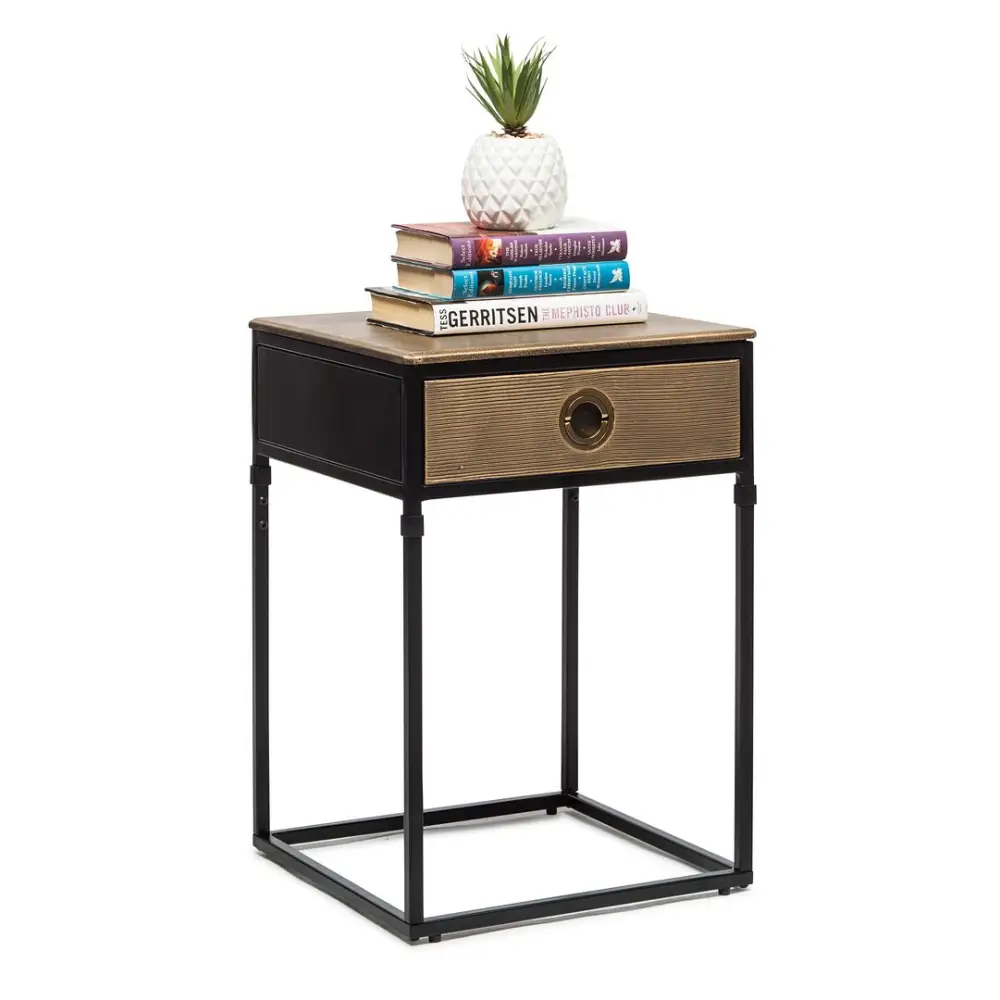 Black Bedside Table with Storage Drawer and Gold Finished Textured Top - Furniture > Living Room