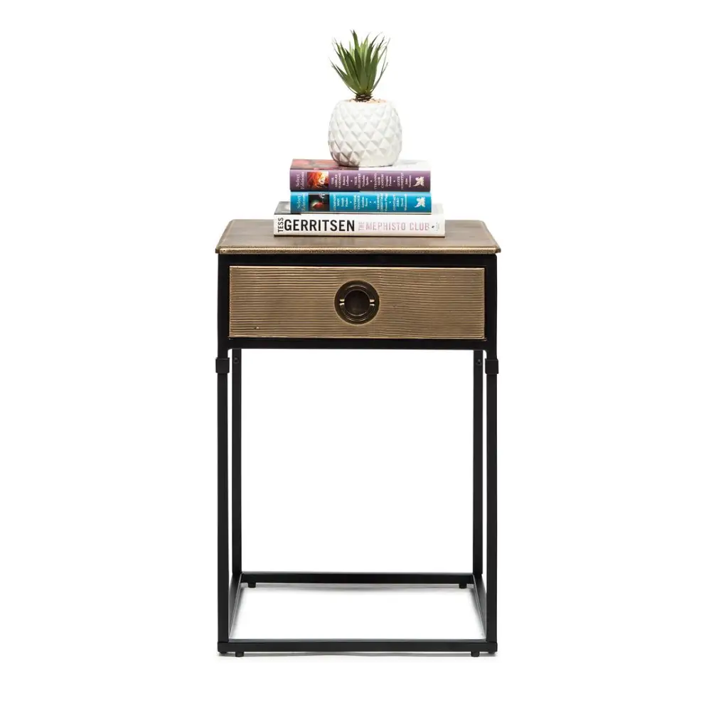 Black Bedside Table with Storage Drawer and Gold Finished Textured Top - Furniture > Living Room