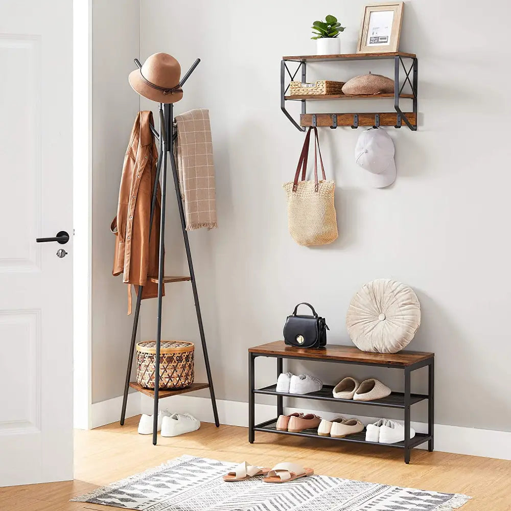 Black Coat Rack Stand Industrial Style 2 Shelves Clothes - Furniture > Living Room