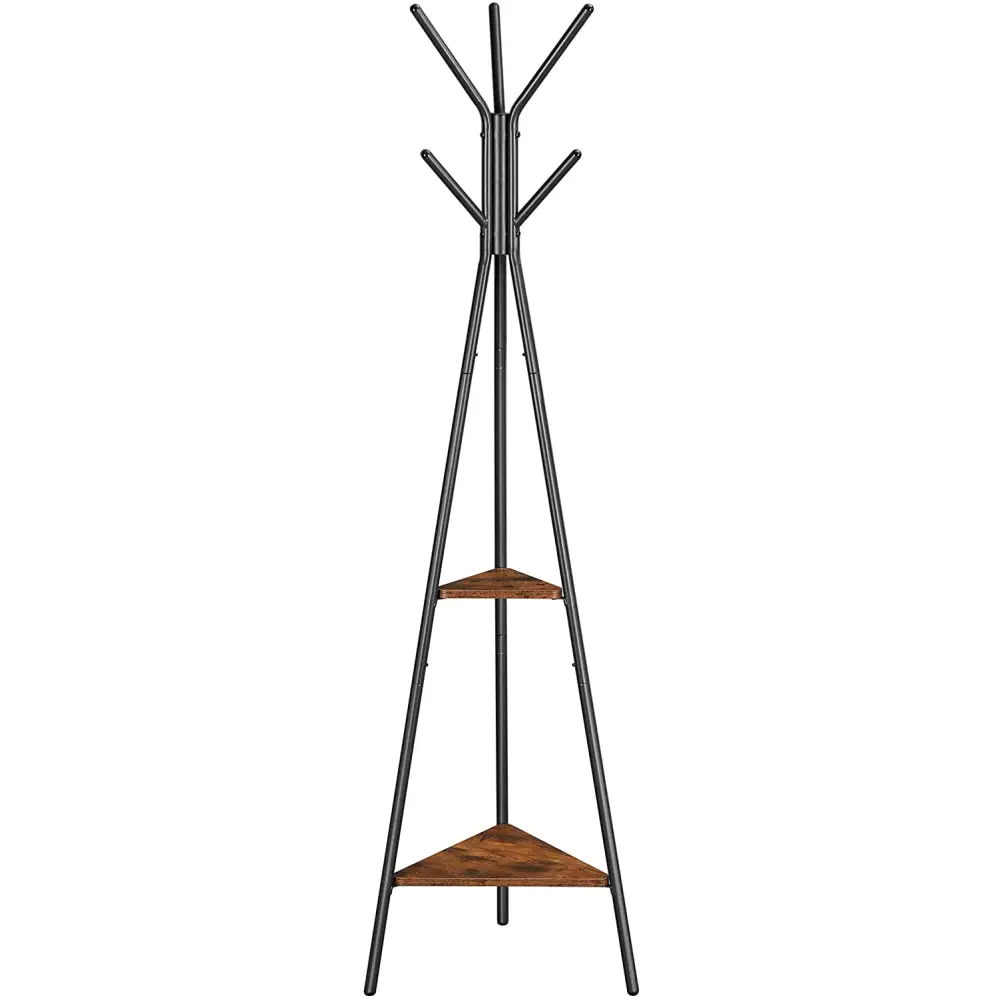 Black Coat Rack Stand Industrial Style 2 Shelves Clothes - Furniture > Living Room