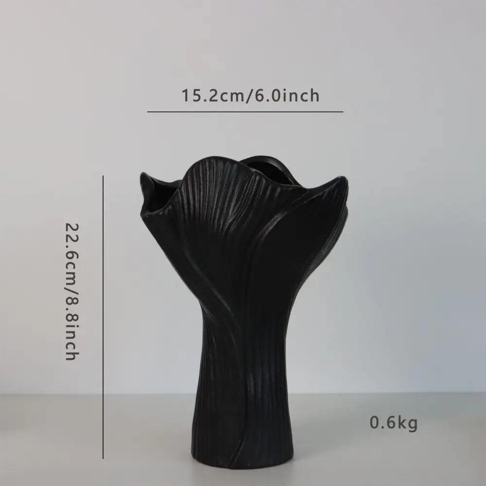 Black Elegant Off-White Ceramic Vase - Modern Sculptural Flower Holder with Wide Fluted Opening - Home & Garden > Decor