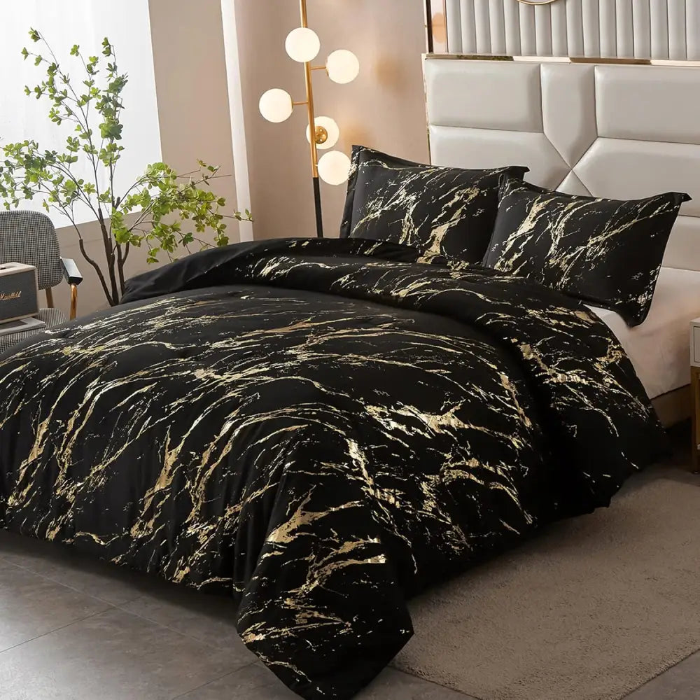 Black Gold Metallic Marble Comforter Set King Size Foil Print Glitter 3-Piece Bedding - Home & Garden > Bedding >