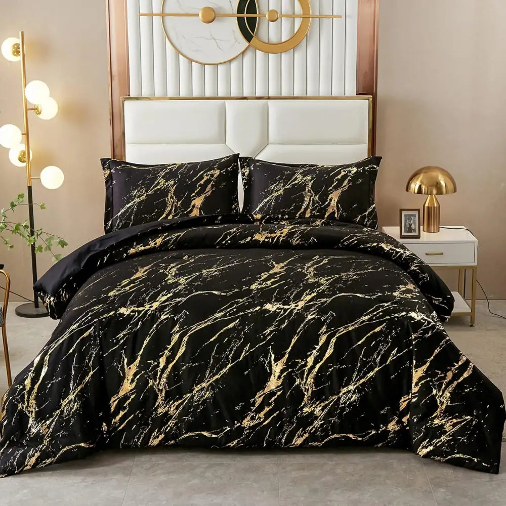 Black Gold Metallic Marble Comforter Set Queen Size Foil Print Glitter 3-Piece Bedding - Home & Garden > Bedding >
