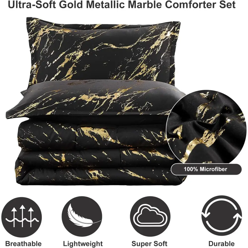 Black Gold Metallic Marble Comforter Set Queen Size Foil Print Glitter 3-Piece Bedding - Home & Garden > Bedding >