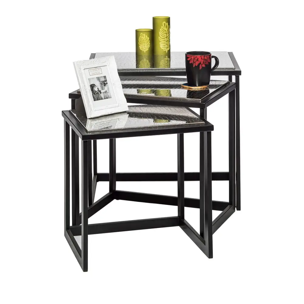 Black Iron Nested Tables with Stainless Steel Top in Set of 3 - Furniture > Living Room