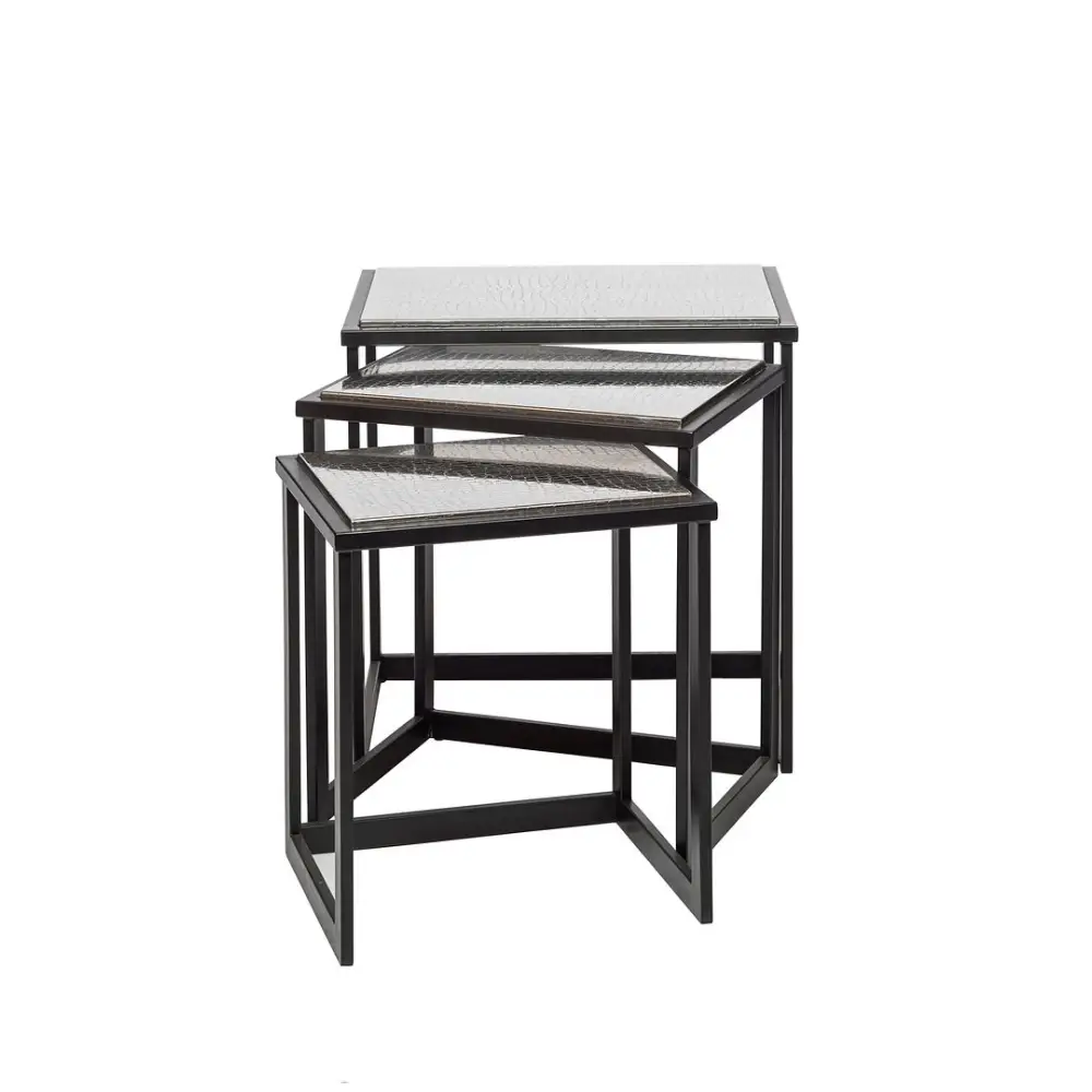 Black Iron Nested Tables with Stainless Steel Top in Set of 3 - Furniture > Living Room