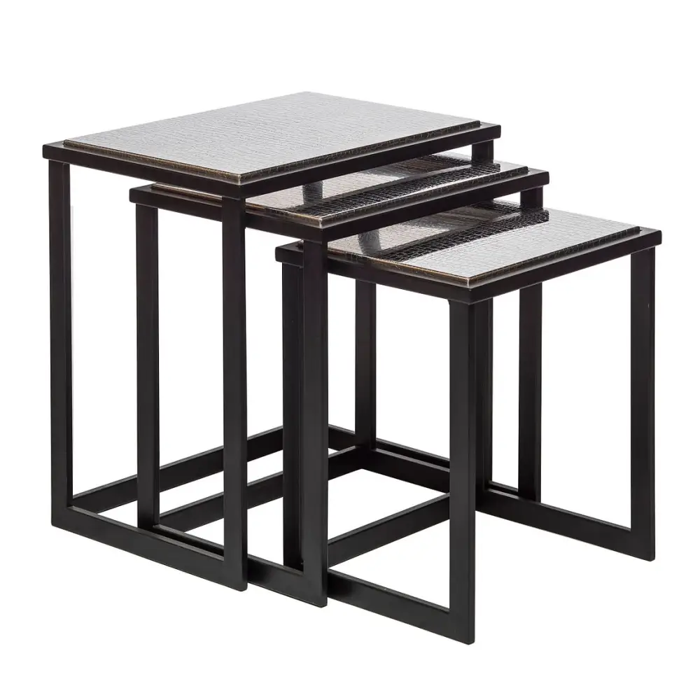 Black Iron Nested Tables with Stainless Steel Top in Set of 3 - Furniture > Living Room