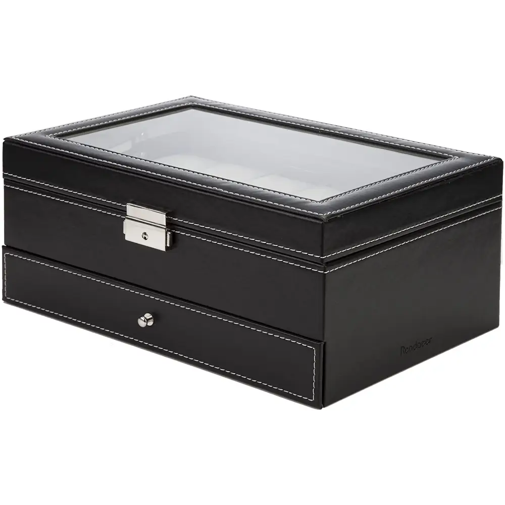 Black Leather Watch Box Jewelry Display Case with Drawers (12 Slots with 2 Layers) - Home & Garden > Storage
