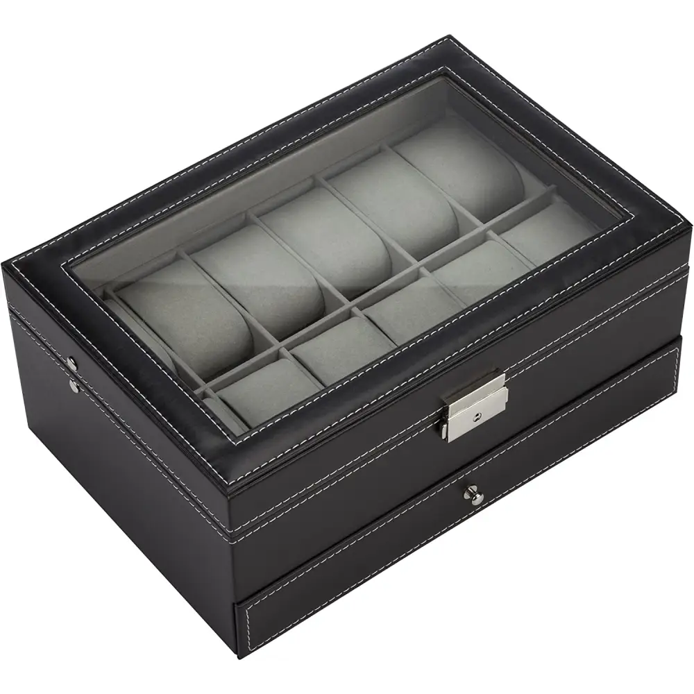 Black Leather Watch Box Jewelry Display Case with Drawers (12 Slots with 2 Layers) - Home & Garden > Storage